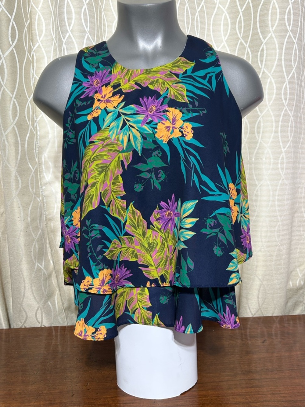 NWOT Women's Navy Tropical Print Layered Tank Top by Audrey & Celine